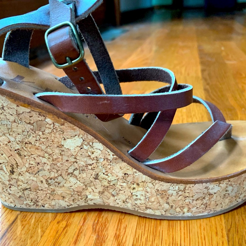 K. Jacques Strappy Cognac Leather & Cork Wedges